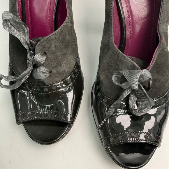 Coach Claudine Patent Leather 8 B Suede Black Gray Lace-Up Heels Designer Goth - Picture 10 of 10